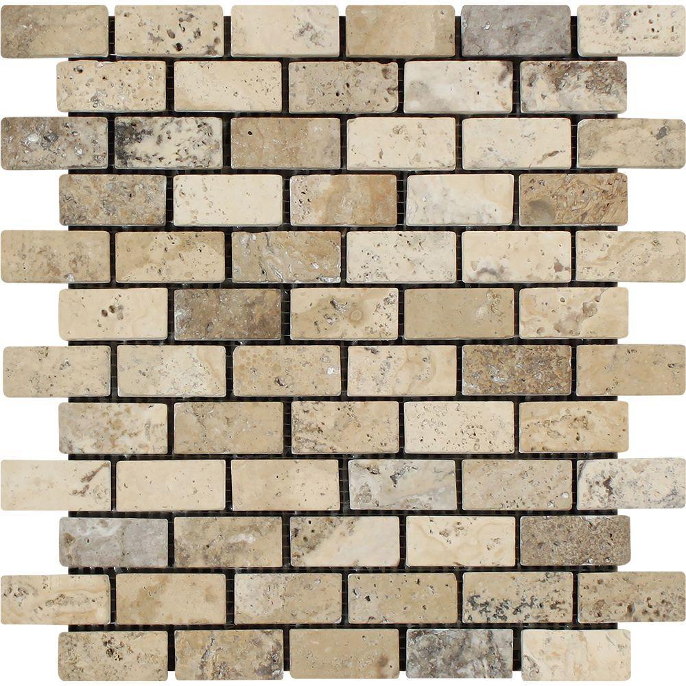 1x2 Tumbled Philadelphia Travertine Brick Mosaic Tile.