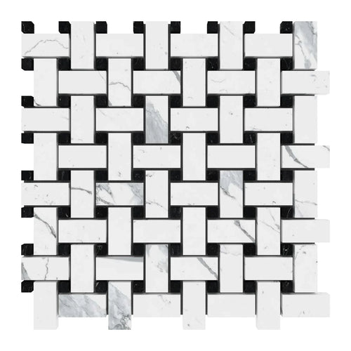 12x12 Polished Statuario Basketweave With Toros Black Dot.
