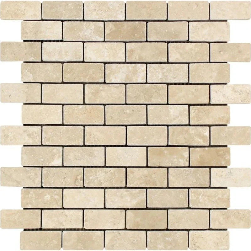 1x2 Tumbled Durango Travertine Brick Mosaic Tile.