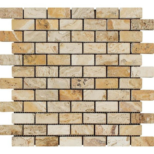 1x2 Tumbled Valencia Travertine Brick Mosaic Tile.