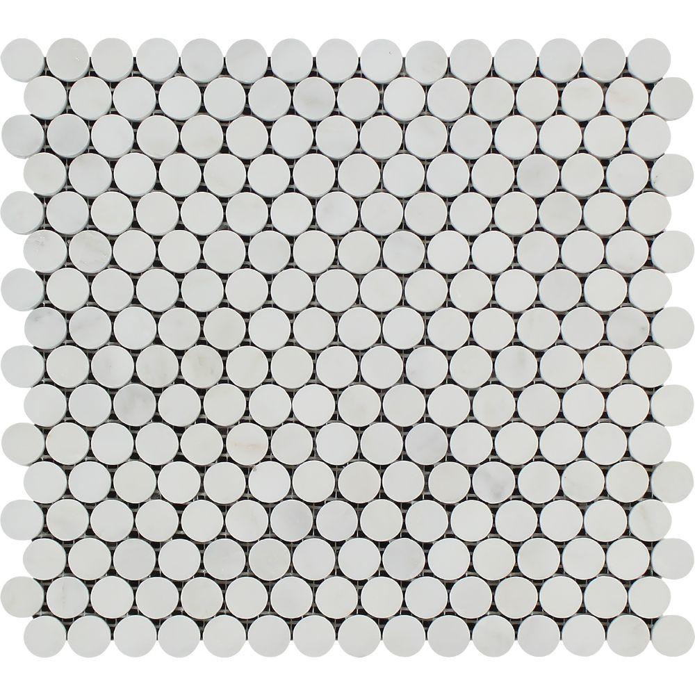 Oriental White Honed Marble Penny Round Mosaic Tile.