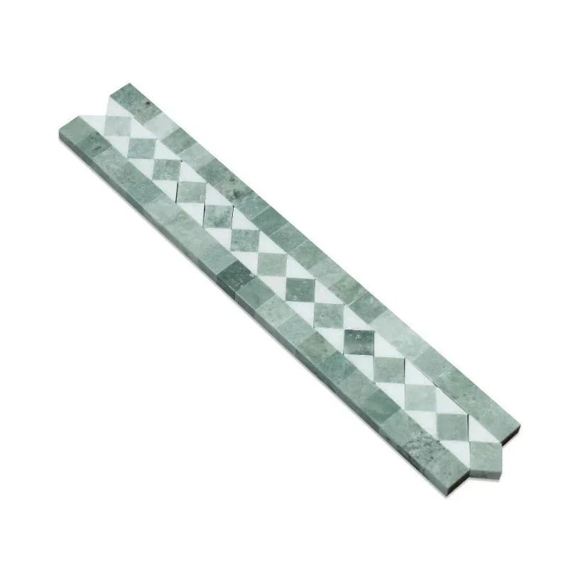 2x12 Honed Thassos White Marble BIAS Border w/ Ming Green Dots.