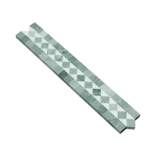 2x12 Honed Thassos White Marble BIAS Border w/ Ming Green Dots.