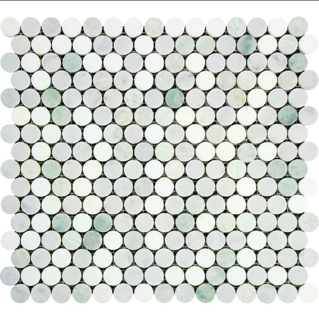Oriental White Honed Marble Penny Round Mosaic Tile (Oriental White + Thassos + Ming Green)