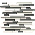 Pattern of interlocking rectangular tiles in various shades of gray and white on a white background