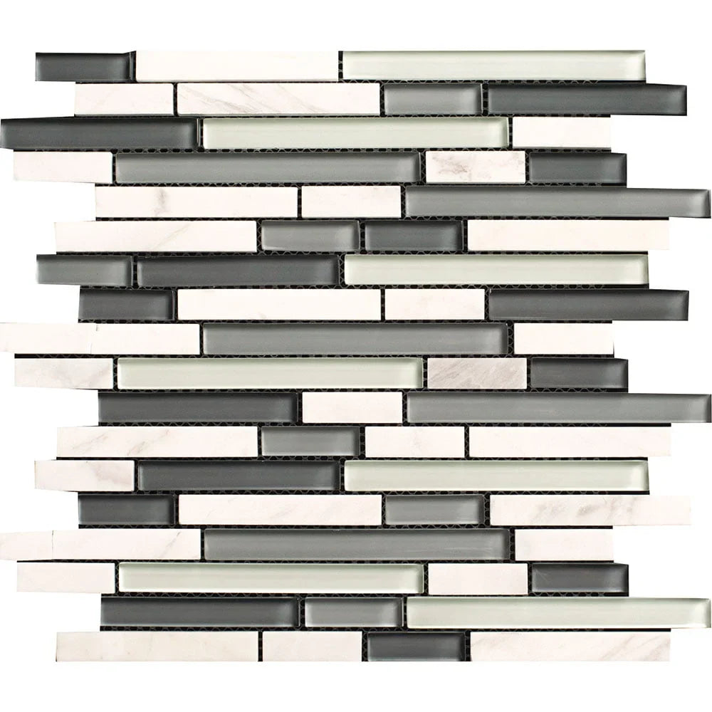 Pattern of interlocking rectangular tiles in various shades of gray and white on a white background