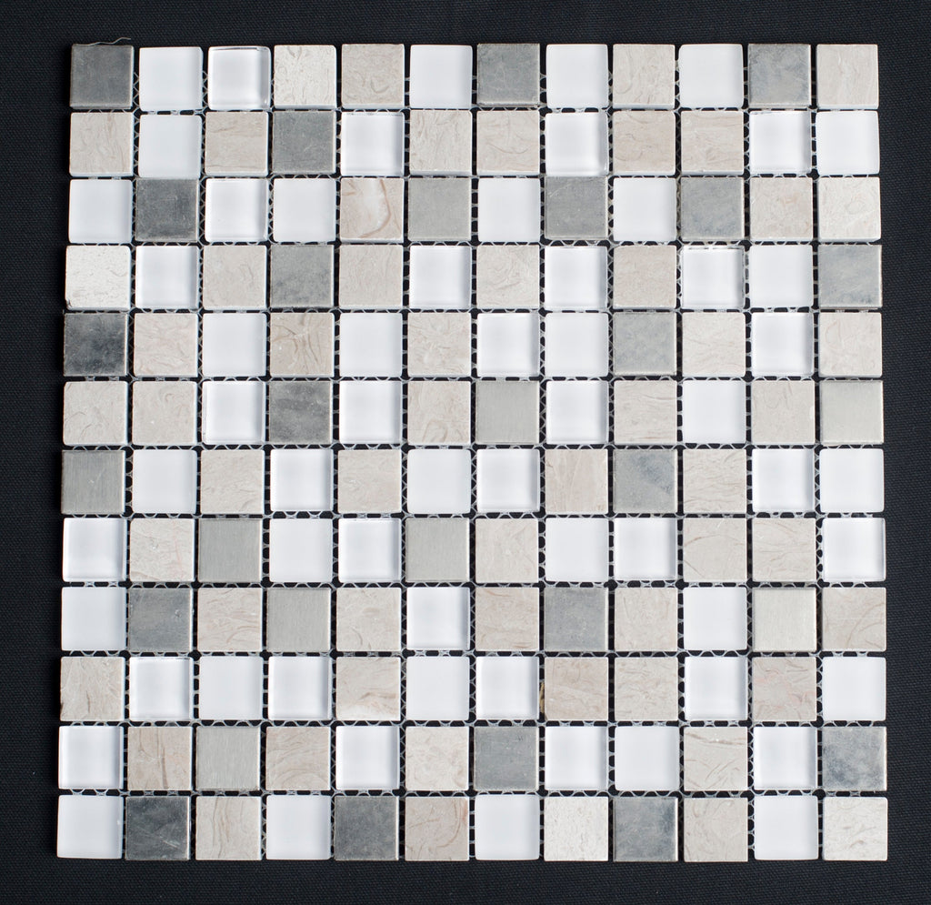 Square mosaic tile sample with gray and white tiles on a black background