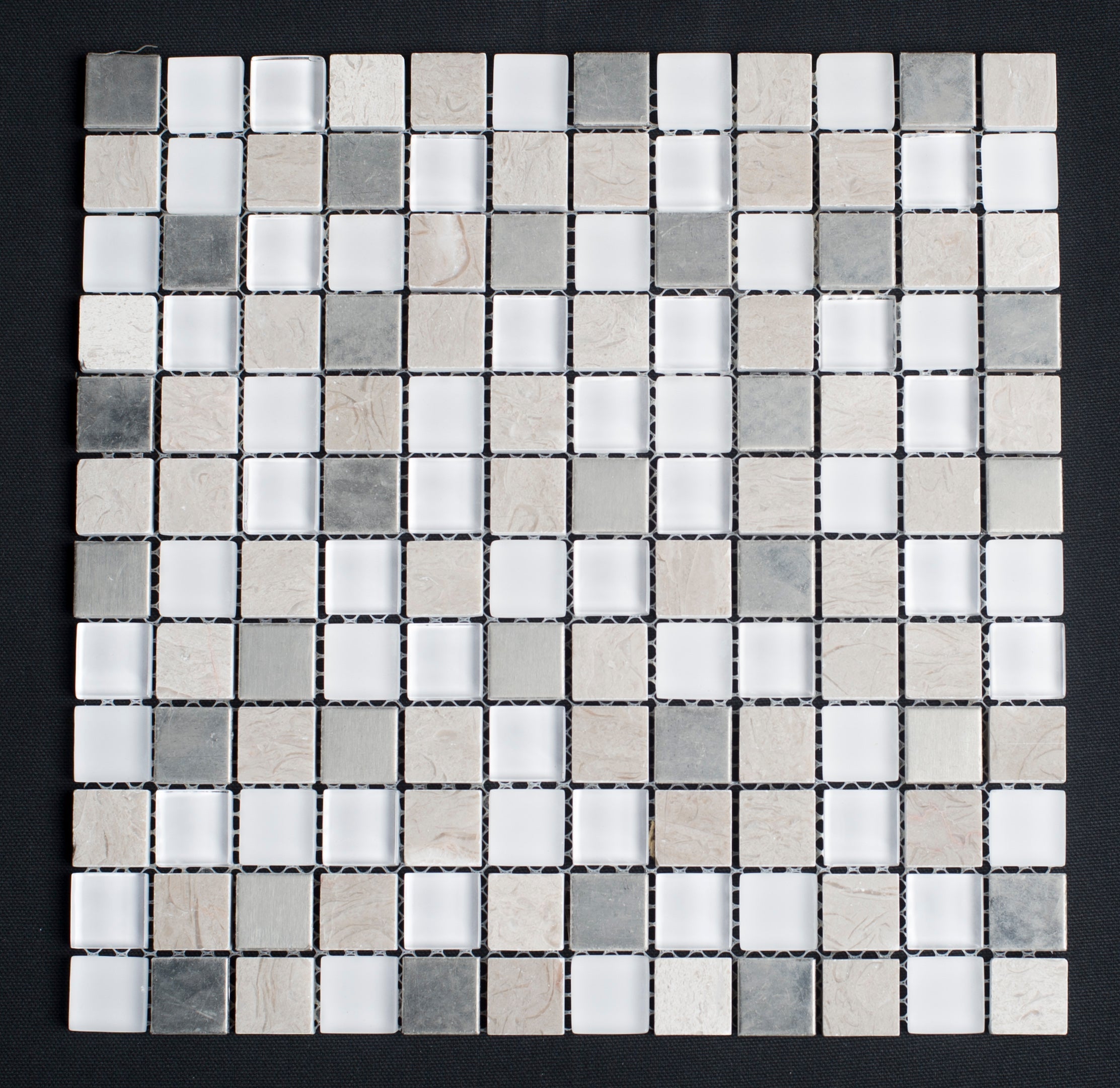 Square mosaic tile sample with gray and white tiles on a black background