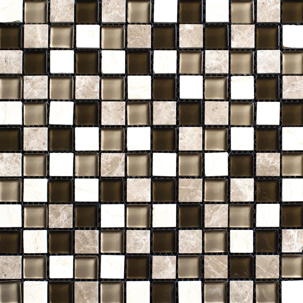 Checkered pattern of black, brown, and beige tiles on a white background