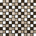 Checkered pattern of black, brown, and beige tiles on a white background