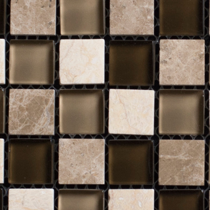Close-up of a grid of square tiles in various neutral colors.