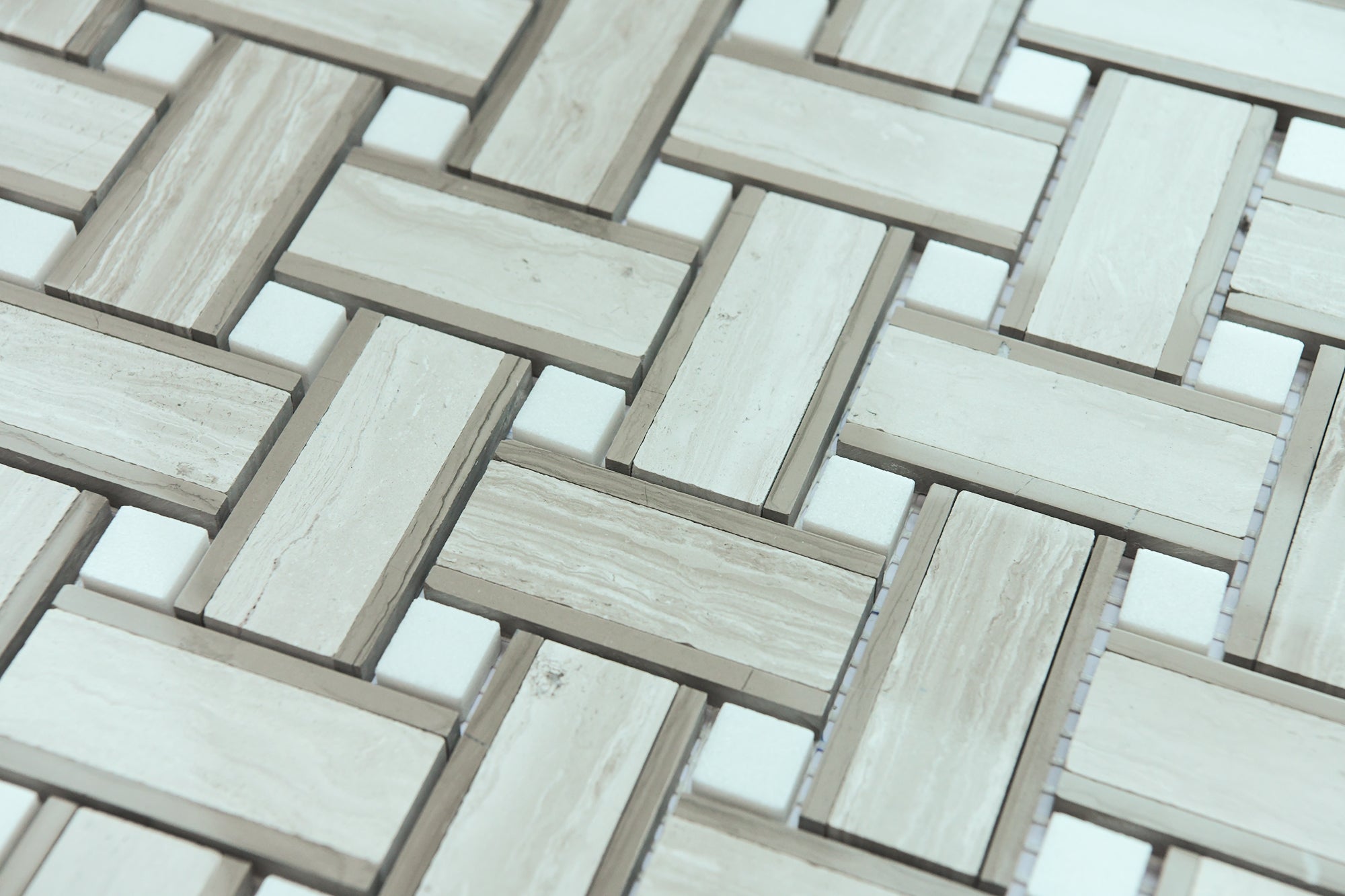 Haisa Light Marble Basketweave White Dots Honed Mosaic Tile