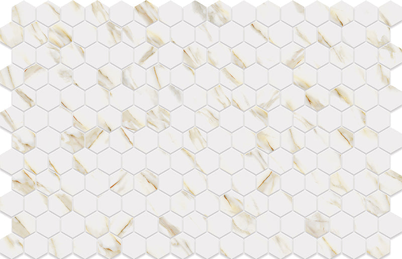 Hexa Calacatta Look Gold Matte Glass Mosaic Tile