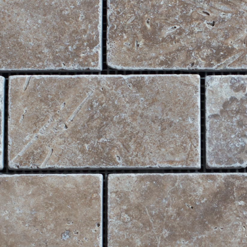 Noce Travertine 2x4 Tumbled Mosaic Tile