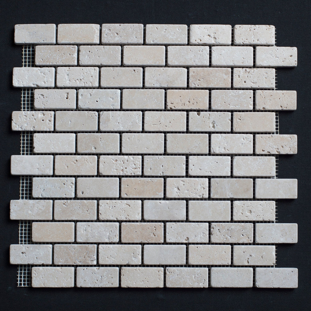 Ivory Travertine 1x2 Tumbled Mosaic Tile