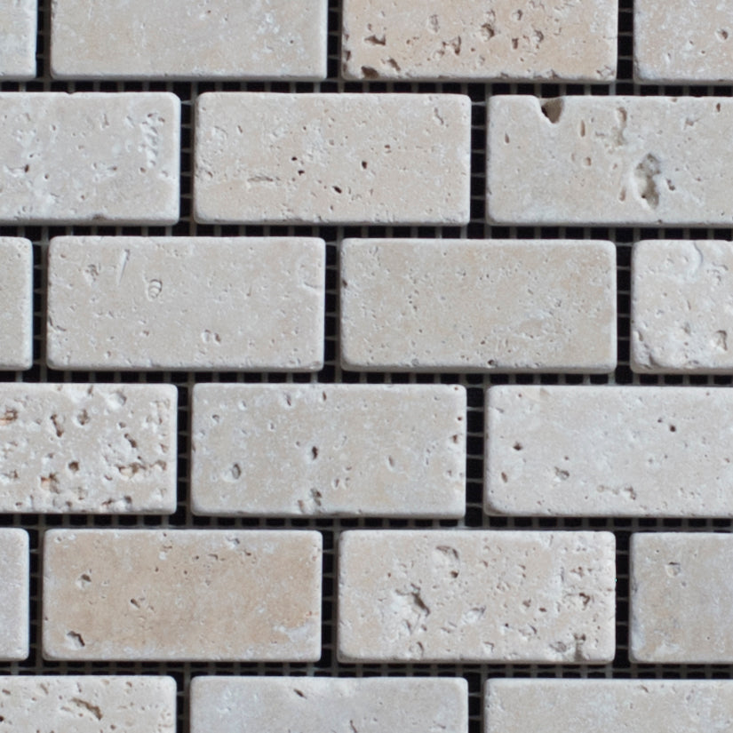Ivory Travertine 1x2 Tumbled Mosaic Tile