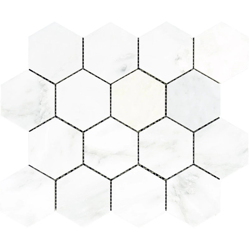 Asian Statuary (Oriental White) Marble 3x3 Hexagon Polished Mosaic Tile.