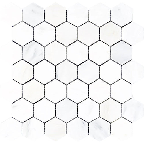 Asian Statuary (Oriental White) Marble 2x2 Hexagon Polished Mosaic Tile.