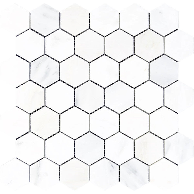 Asian Statuary (Oriental White) Marble 2x2 Hexagon Honed Mosaic Tile.