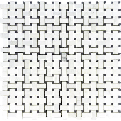 Asian Statuary (Oriental White) Basketweave W/Blue Dots Polished Mosaic Tile.