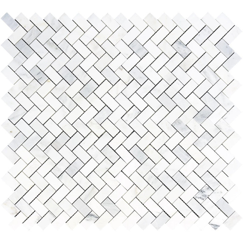 Asian Statuary (Oriental White) Marble 1x2 Herringbone Polished Mosaic Tile.