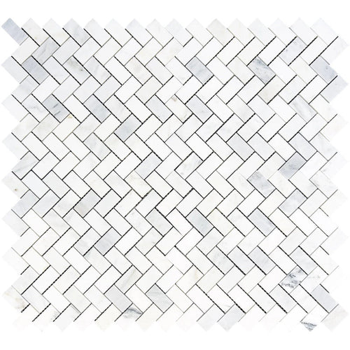 Asian Statuary (Oriental White) Marble 1x2 Herringbone Polished Mosaic Tile.