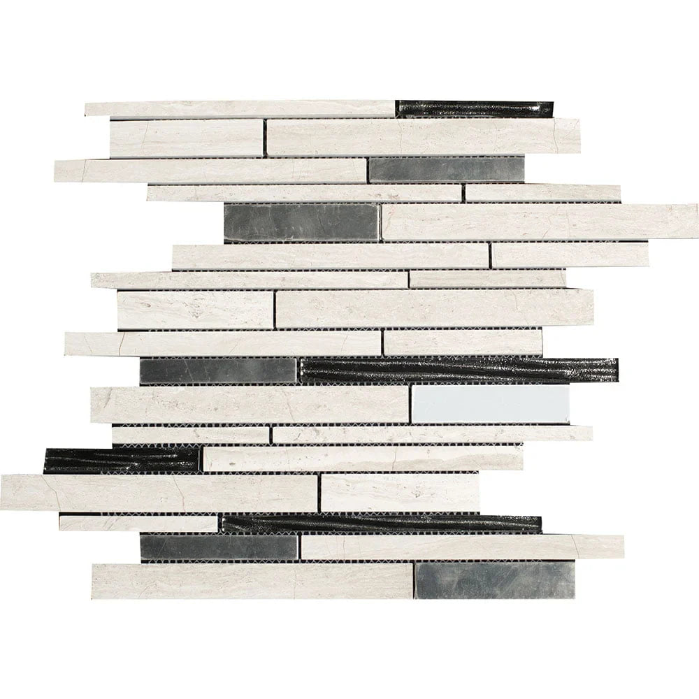 Mosaic tile pattern with black, white, and gray tiles on a white background