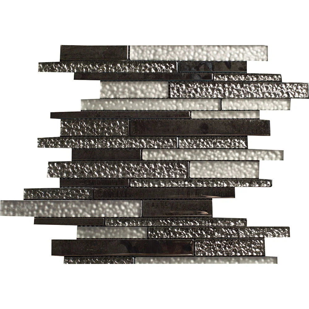 Stack of black and silver patterned tiles on a white background
