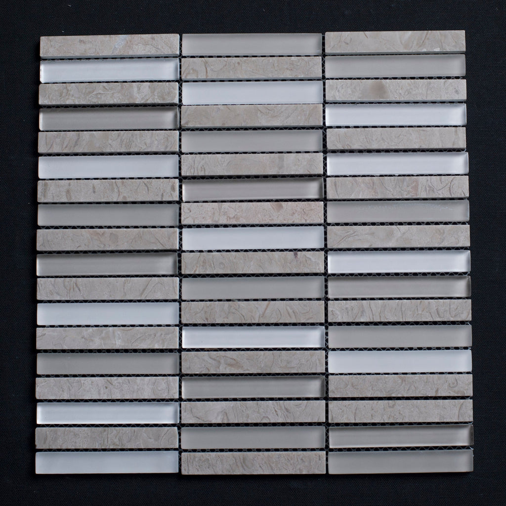 Mosaic tile pattern with gray and white stripes on a black background