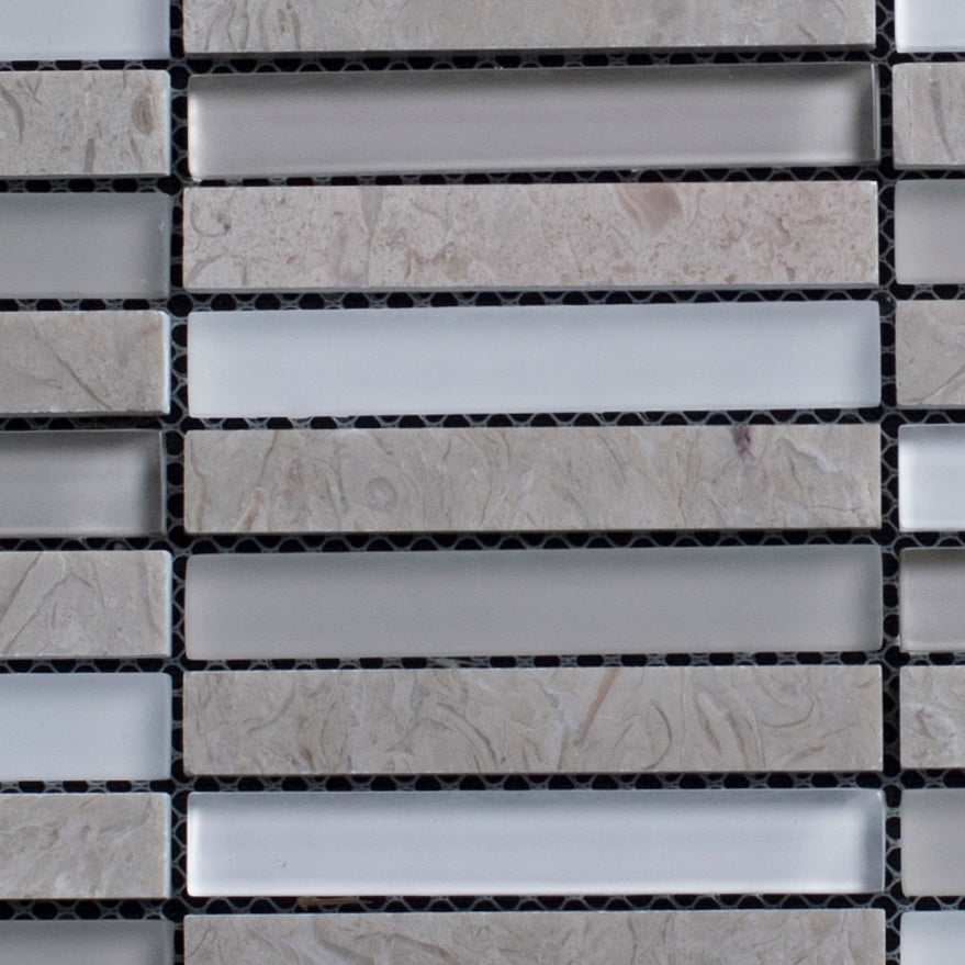 Close-up of a patterned tile with gray and white stripes on a black grid background
