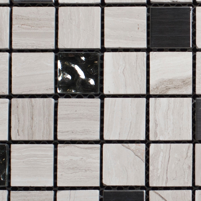 Close-up of a grid of square tiles with black and gray colors