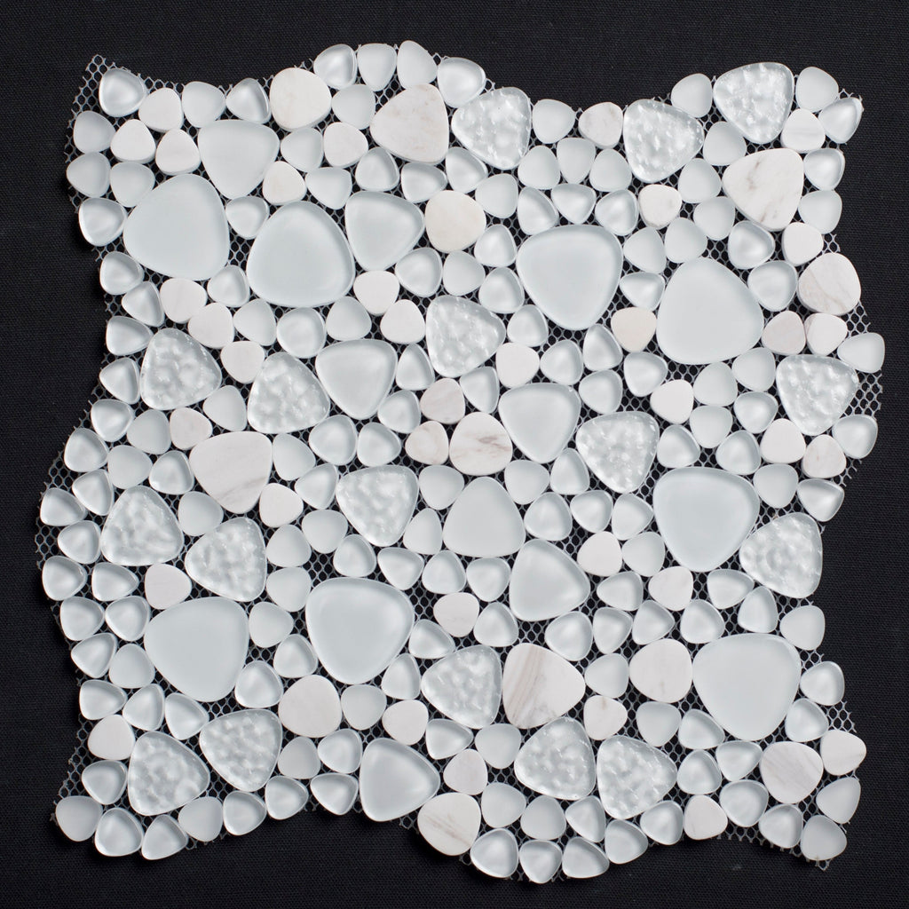 White pebble mosaic tile on a black background