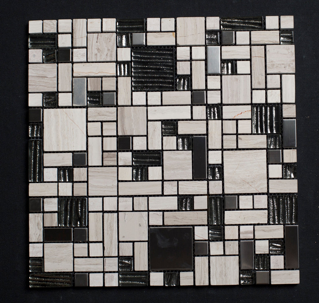 Mosaic pattern of black, white, and gray tiles on a dark background