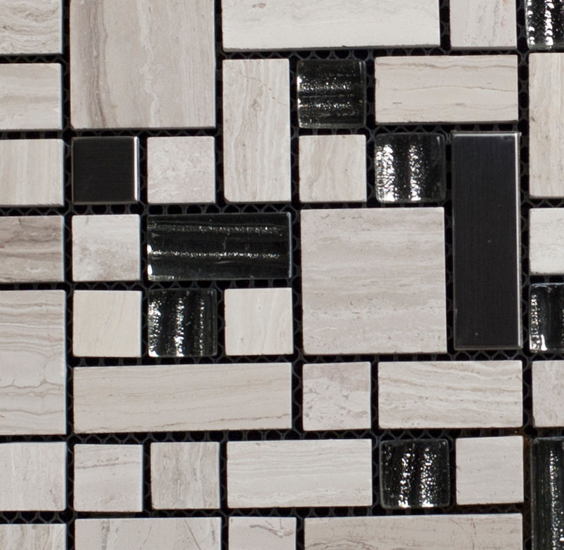 Mosaic pattern of black, white, and gray tiles