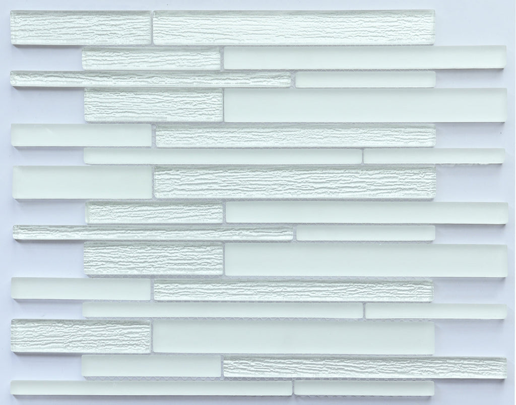 Mosaic tile pattern with horizontal strips on a light gray background