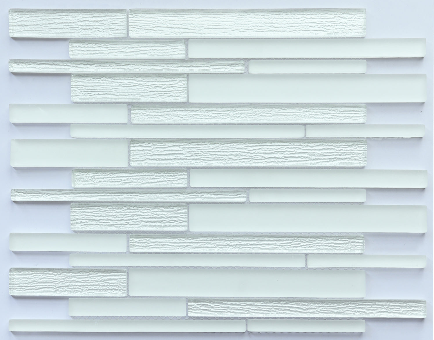 Mosaic tile pattern with horizontal strips on a light gray background