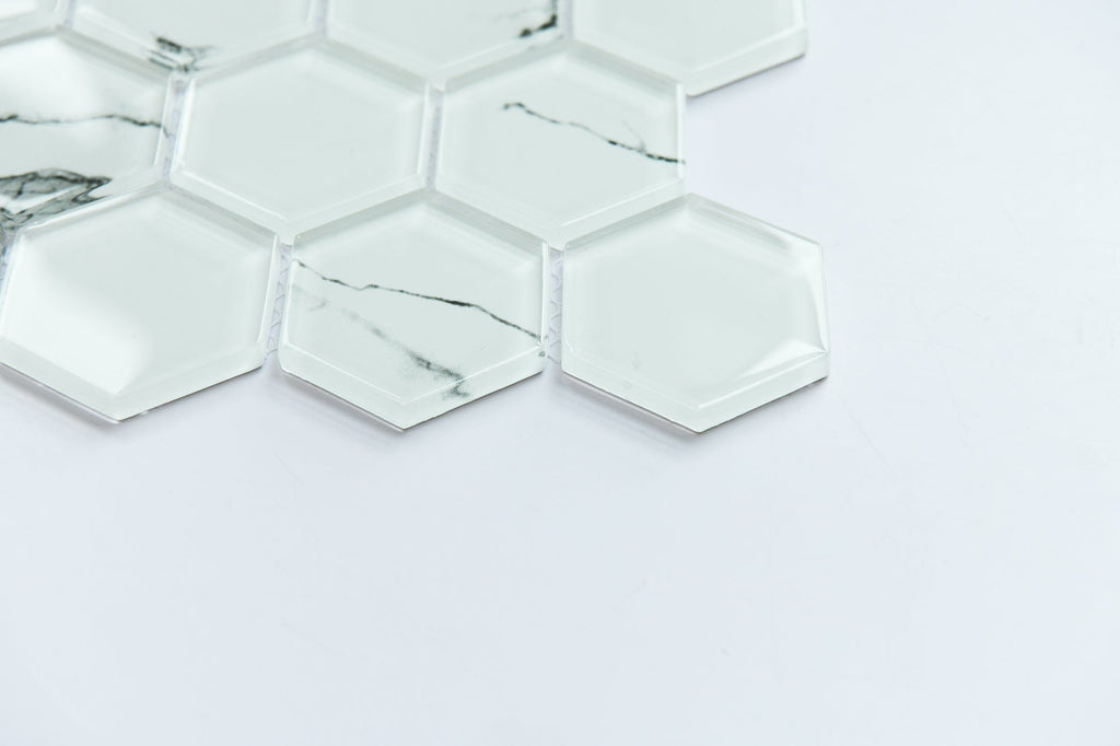 Hexagonal mirror tiles on a white background