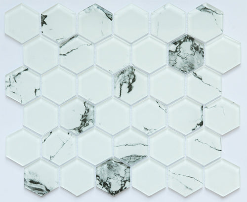 Hexagonal marble mosaic tiles with a white and gray pattern on a light gray background
