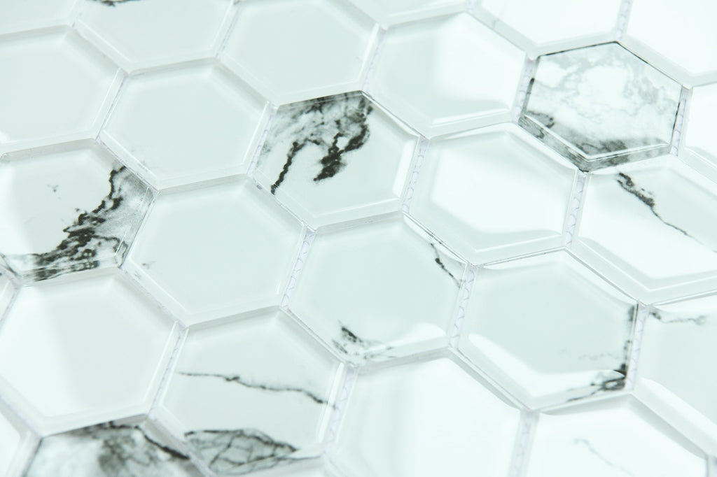 Hexagonal marble tiles with a white and gray pattern