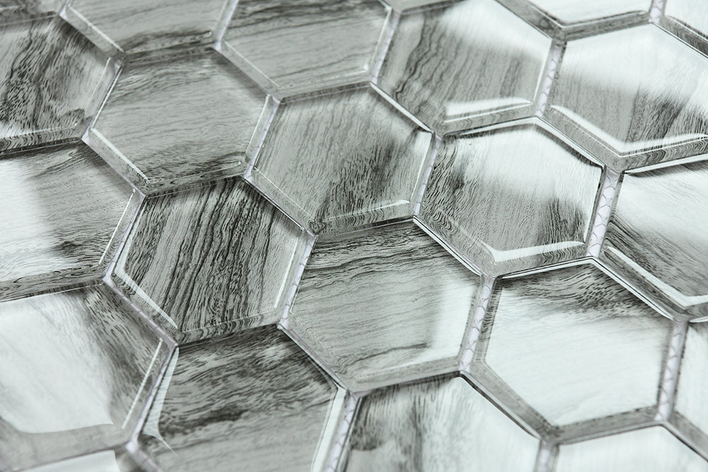 Close-up of hexagonal metallic tiles with a textured surface