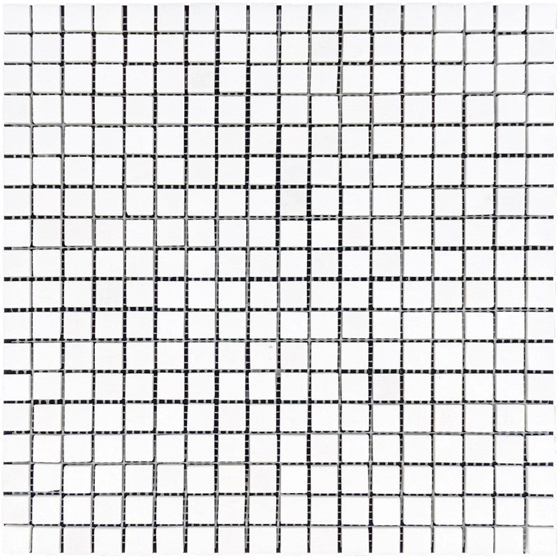 Thassos white marble mosaic tile featuring a classic grid pattern with bright white and dark accents.