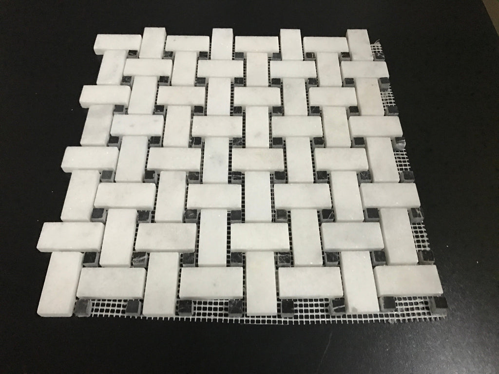 White Carrara Marble Large Basketweave with Black Dots Polished Mosaic Tile