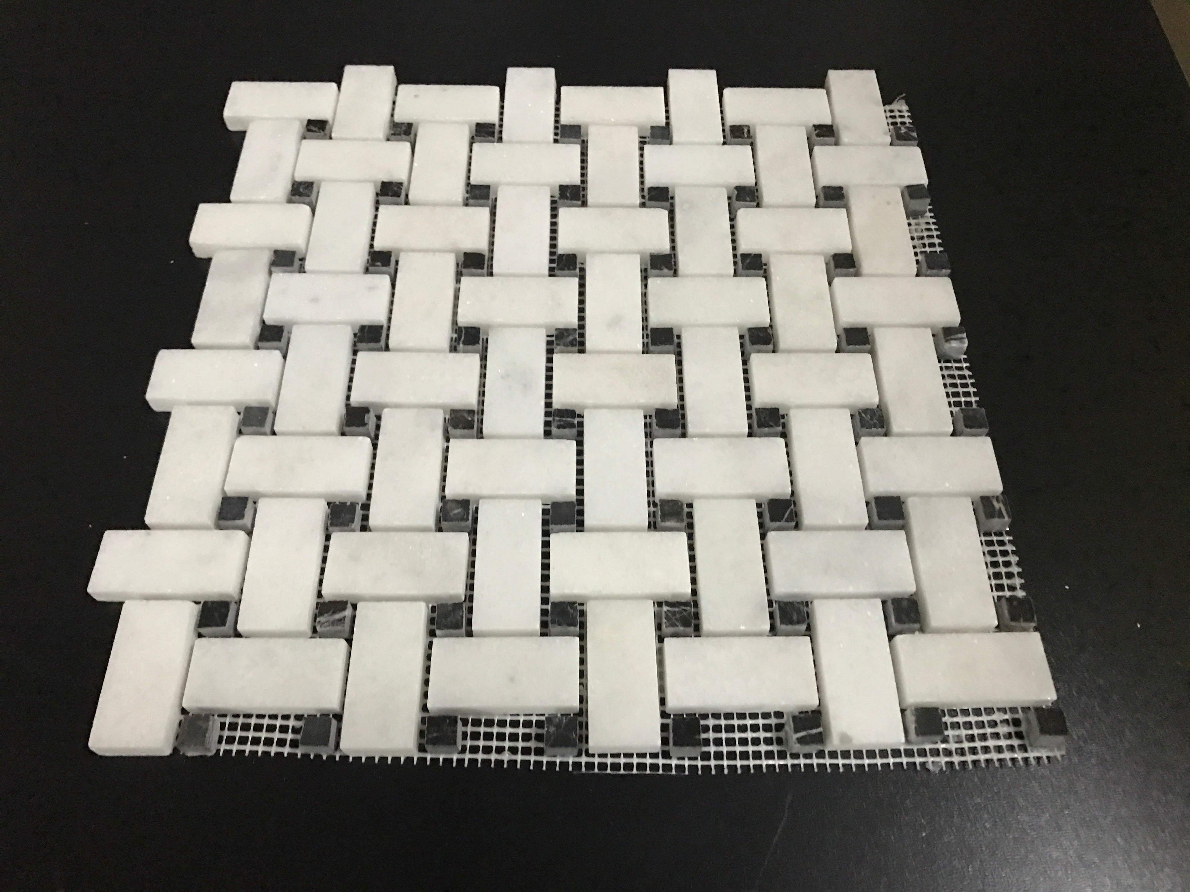 White Carrara Marble Large Basketweave with Black Dots Polished Mosaic Tile
