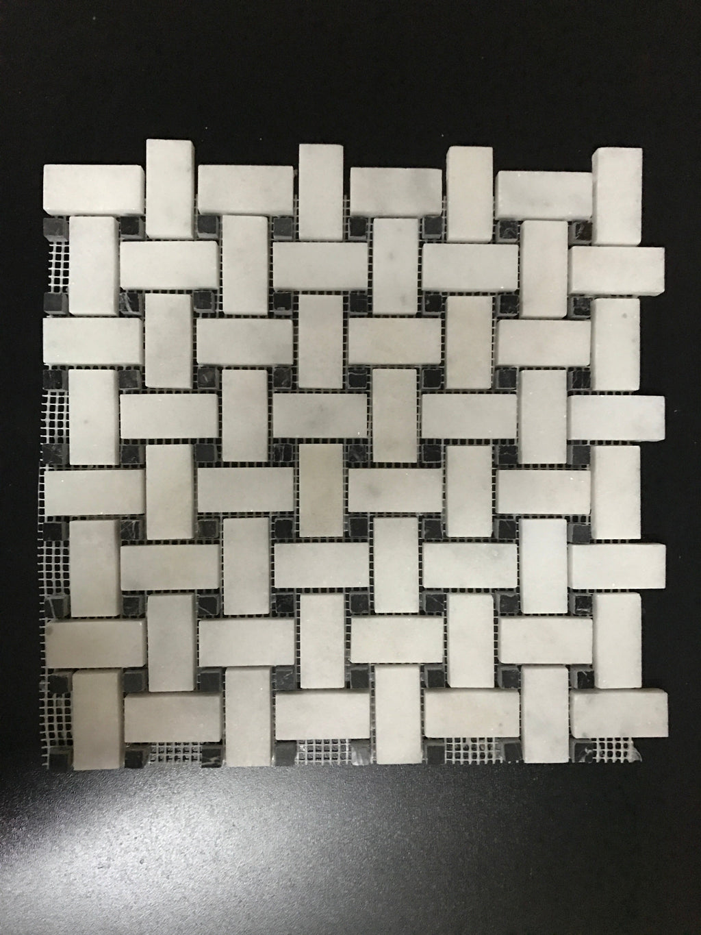 White Carrara Marble Large Basketweave with Black Dots Polished Mosaic Tile