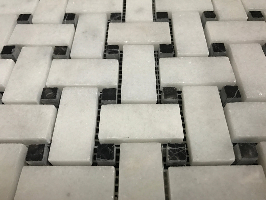 White Carrara Marble Large Basketweave with Black Dots Polished Mosaic Tile