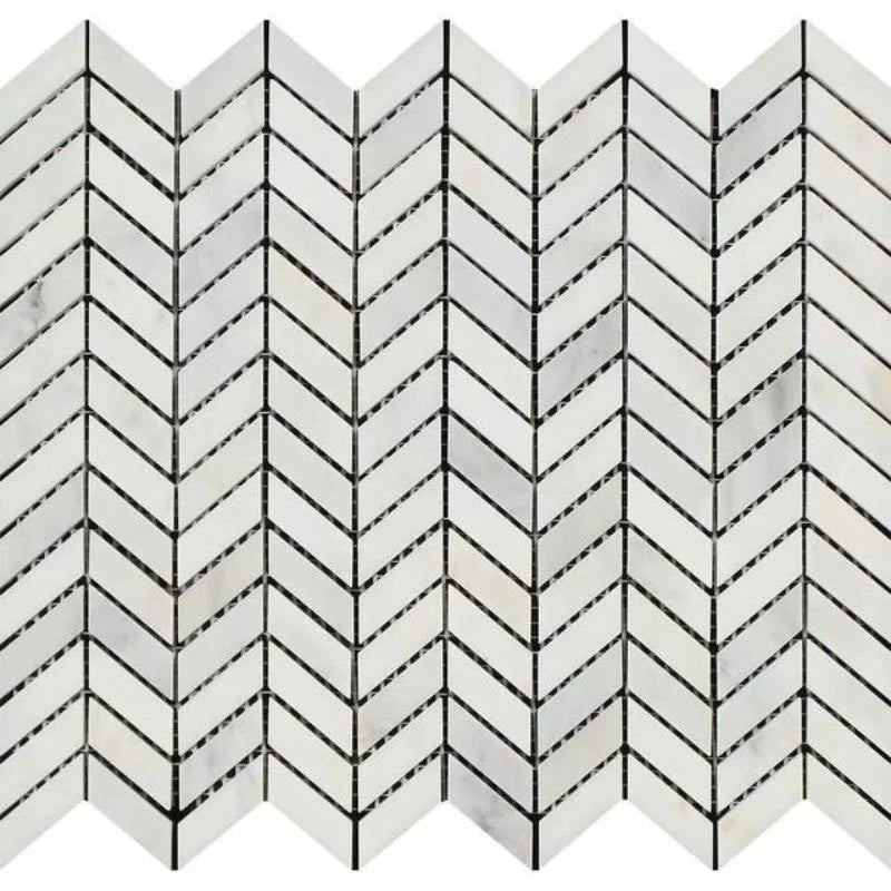 Asian Statuary (Oriental White) Marble Mini Chevron Honed Mosaic Tile.