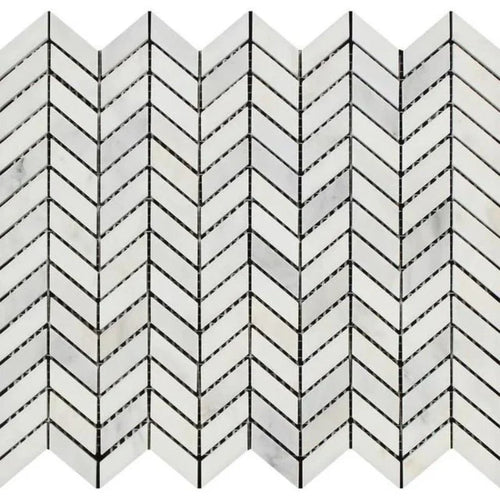 Asian Statuary (Oriental White) Marble Mini Chevron Honed Mosaic Tile.