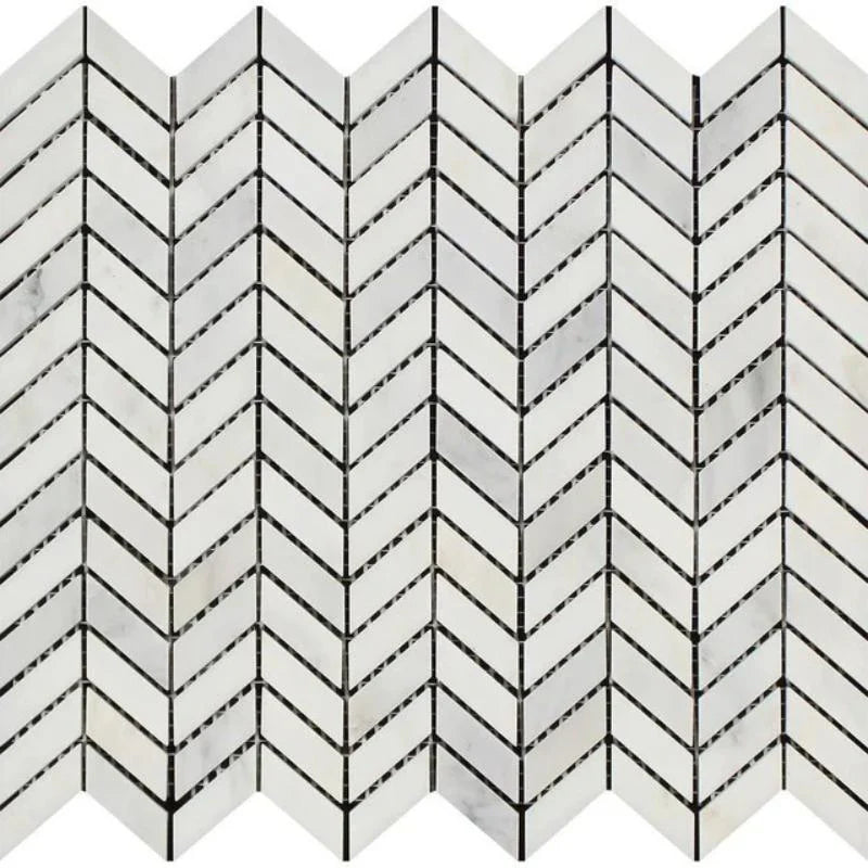 Asian Statuary (Oriental White) Marble Mini Chevron Polished Mosaic Tile.