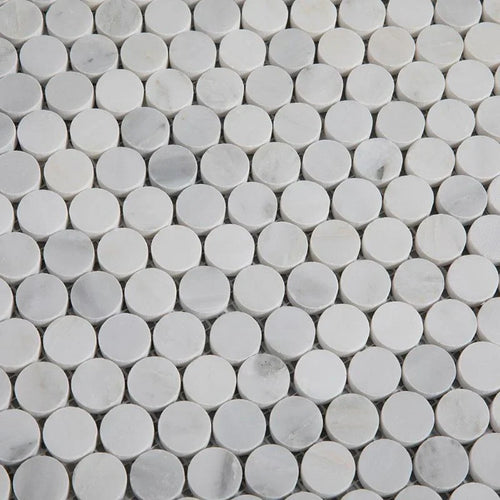 Asian Statuary (Oriental White) Marble Penny Round Polished Mosaic Tile - stoneandtiledepot.com