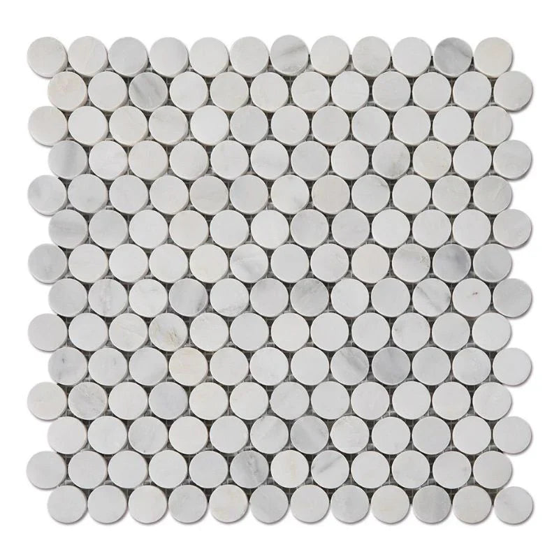 Asian Statuary (Oriental White) Marble Penny Round Polished Mosaic Tile.
